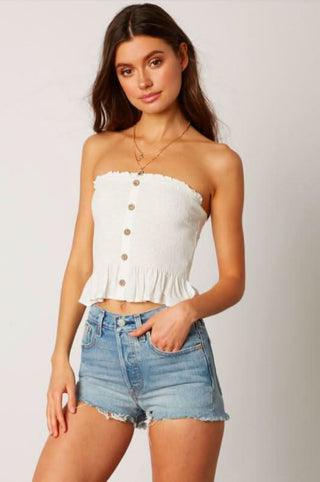 Strapless white smocked crop top with ruffle hem