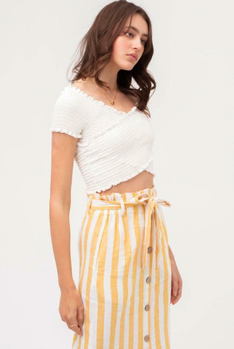 White Off-Shoulder Smocked Crop 
