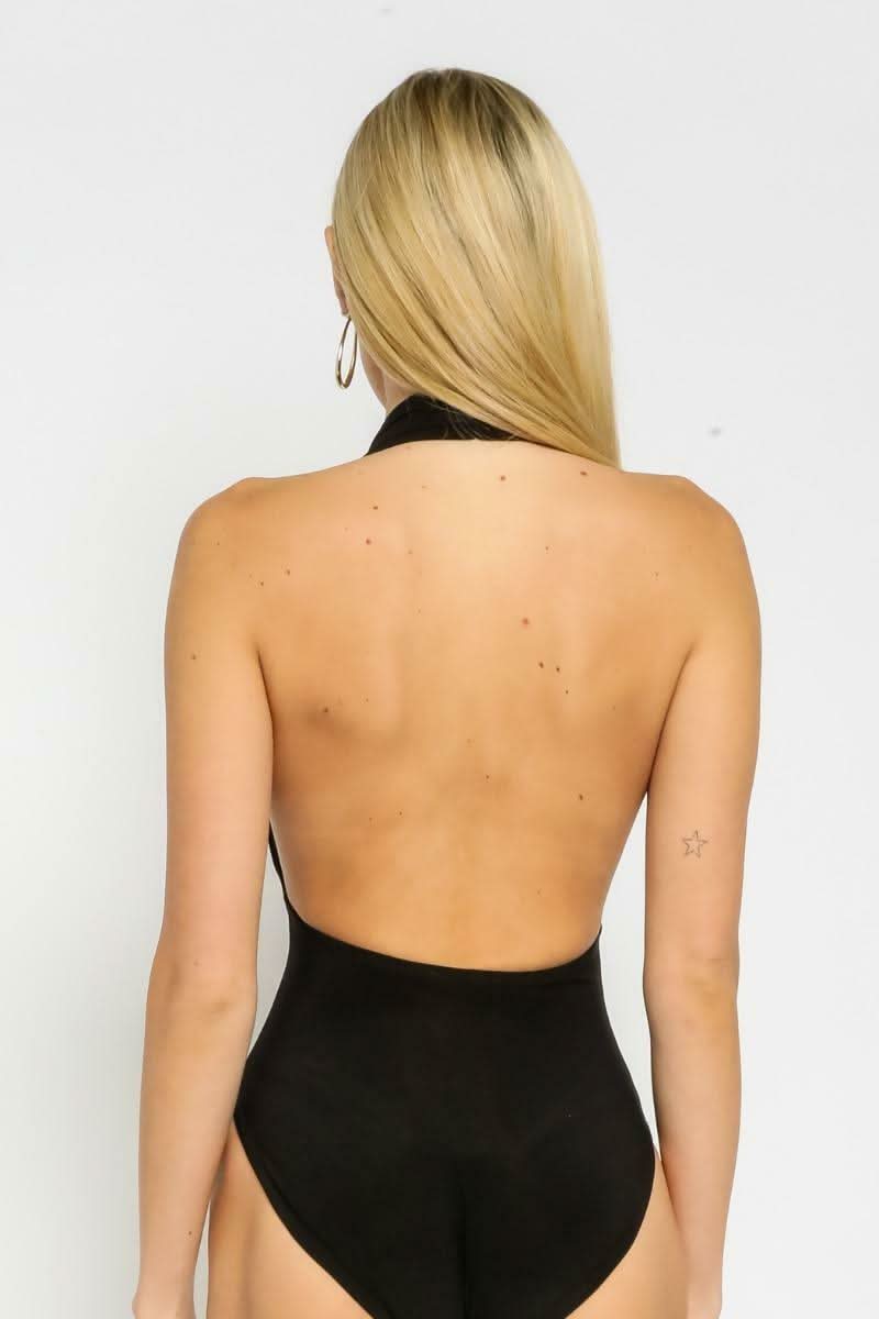 Evelyn Black Plunge Halter Bodysuit -  BohoPink