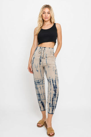 Good Vibes Nude and Navy Blue Tie-Dye Jogger Pants - Front View