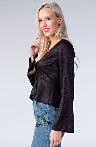 black bell sleeve satin blouse side view