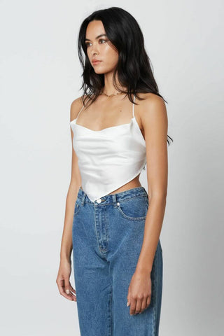 White satin bandana crop top with draped cowl neck