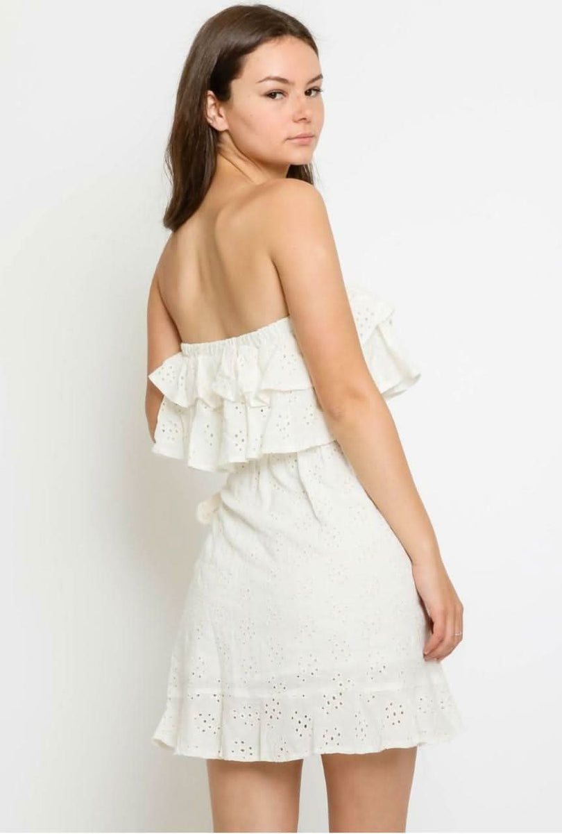 White Strapless Ruffle Wrap Dress