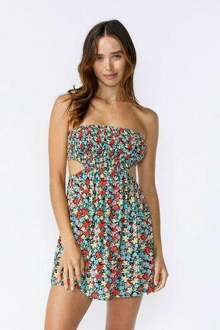 Ambrosia Blue and Red Floral Print Strapless Mini Dress - Front View 