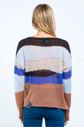 lightweight sheer striped sweater blue wave pattern back view