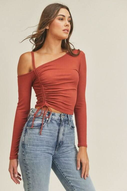 Lush Angie Mahogany One Shoulder Ruched Crop Top -  BohoPink