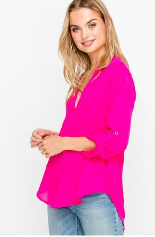 See That Girl Fuchsia Pink Roll Tab Sleeve Top - Side View