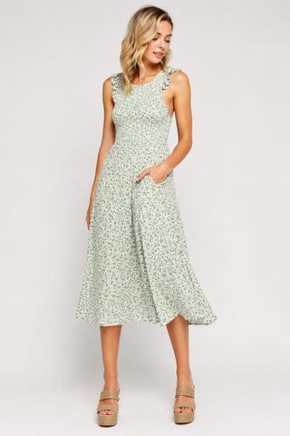 Iris Green Floral Print Smocked Culotte Jumpsuit - Front View