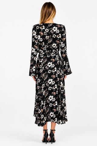 Bloom Black Floral Bell Sleeve Midi Wrap Dress - Back View