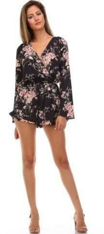Creve Coeur Navy Bell Sleeve Floral Romper - Detailed View