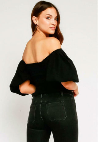 Stevie Black Off-the-Shoulder Bubble Sleeve Smocked Top - Back View