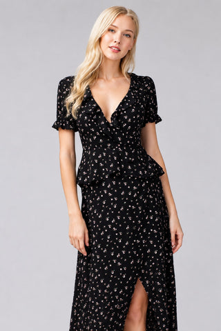 Becca Black Floral Two-Piece Midi Dress - Close-Up View