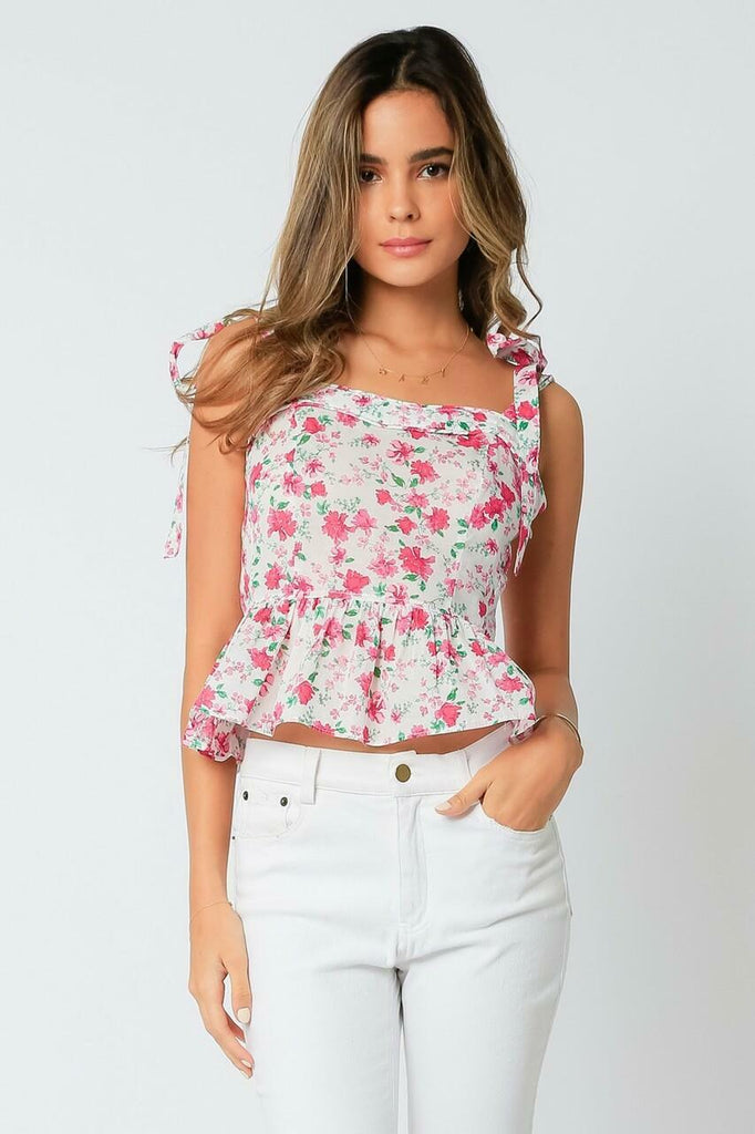 White and Fuchsia Floral Ruffle Top 
