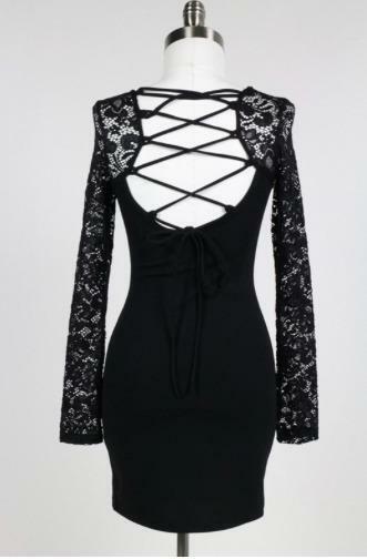 Black Lace-Up Long Sleeve Mini Dress 