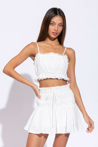 Pharos White Eyelet Cropped Two-Piece Skirt Set - Front