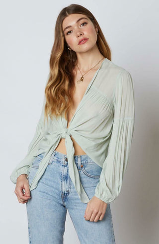 Gia Sage Long Sleeve Tie-Front Crop Top -  BohoPink
