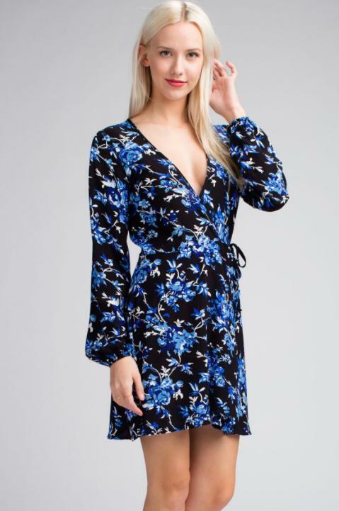Black and Blue Floral Wrap Dress 