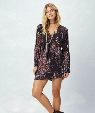 Plum floral long sleeve shift dress - romantic boho style mini dress for women
