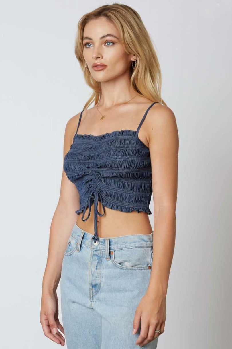Denim Smocked Drawstring Tank Top