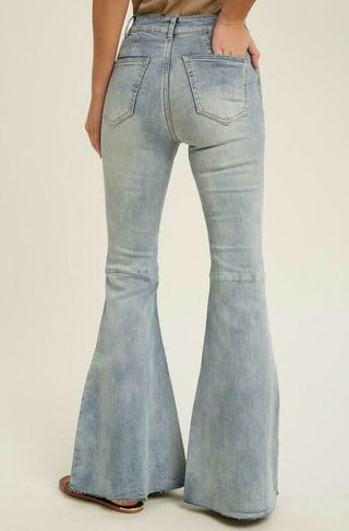 High-Waisted Flare Jeans with Raw Hem - Stretch Denim - Back View