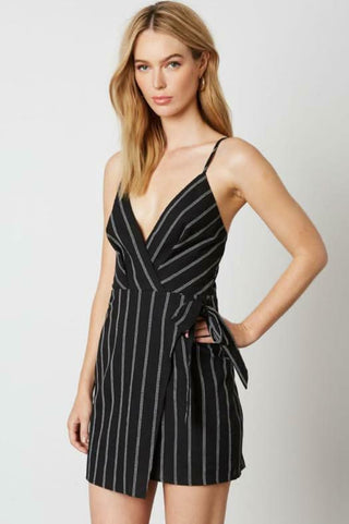 Black striped surplice mini dress with side tie 