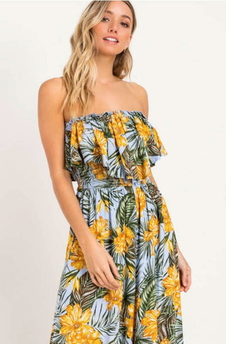Plum Island Mustard Palm Print Strapless Culotte Jumpsuit - Close-Up View