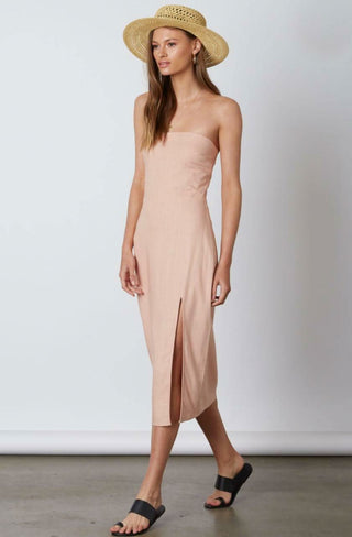 Blush pink strapless midi dress front view