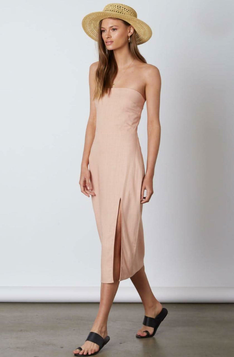 Blush pink strapless midi dress front view