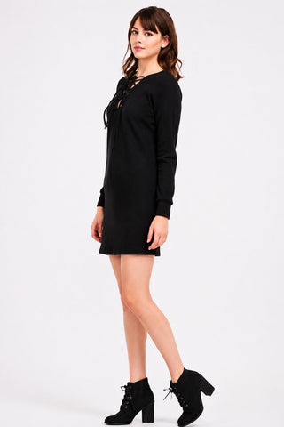 Good Vibes Black Lace Up Dress -  Side View