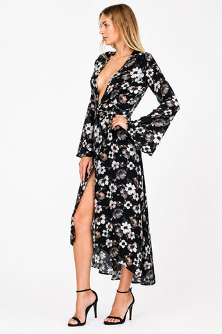 Bloom Black Floral Bell Sleeve Midi Wrap Dress - Side View