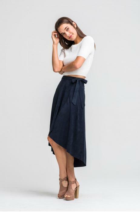Navy Blue Midi Suede Wrap Skirt 