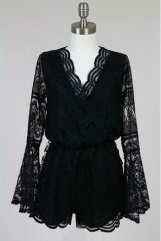 Black lace bell sleeve romper with surplice neckline and scalloped lace shorts