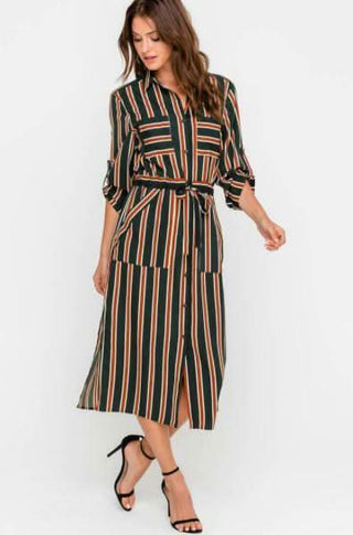 Laura Navy and Rust Striped Midi Shirt Dress styled with high heels