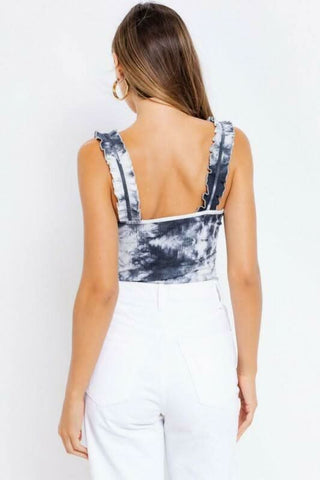 Oh Me Oh My Grey Tie-Dye Ruffle Strap Bodysuit - Back View