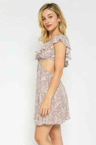 Luna Purple Dusk Paisley Cutout Ruffle Mini Dress - Side View
