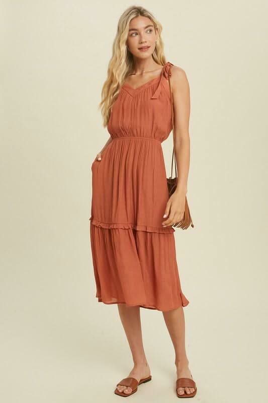 Brick Red Tie-Strap Midi Dress | Wishlist Ruffled V-Neck | Size M Brick Red Tie-Strap Midi Dress | Wishlist Ruffled V-Neck | Size M