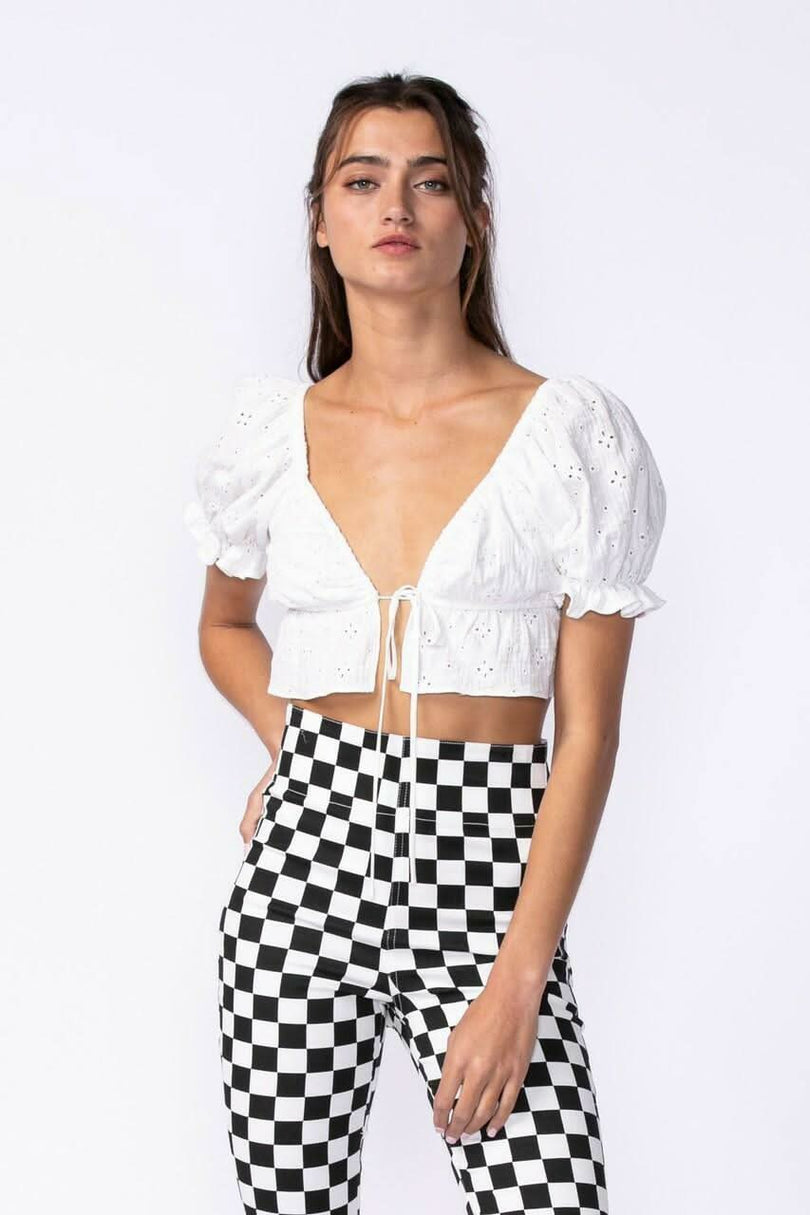 White Eyelet Puff Sleeve Crop Top 