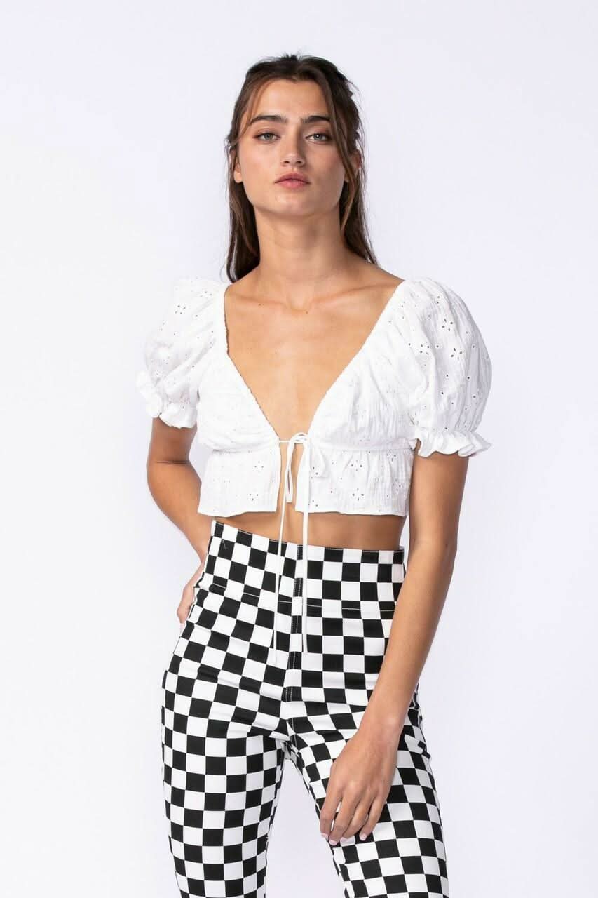 White Eyelet Puff Sleeve Crop Top 