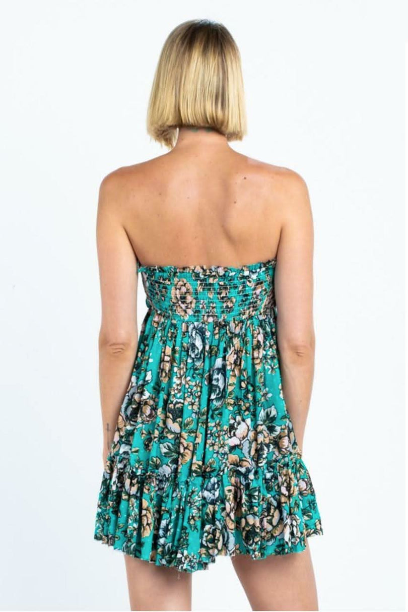 Saint-Tropez Jade Green Floral Print Strapless Dress - Back View