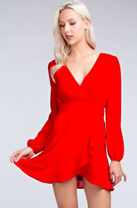 Red Long Sleeve Wrap Mini Dress