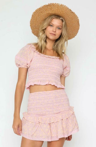 Lavender and Peach Print Smocked Two-Piece Dress 