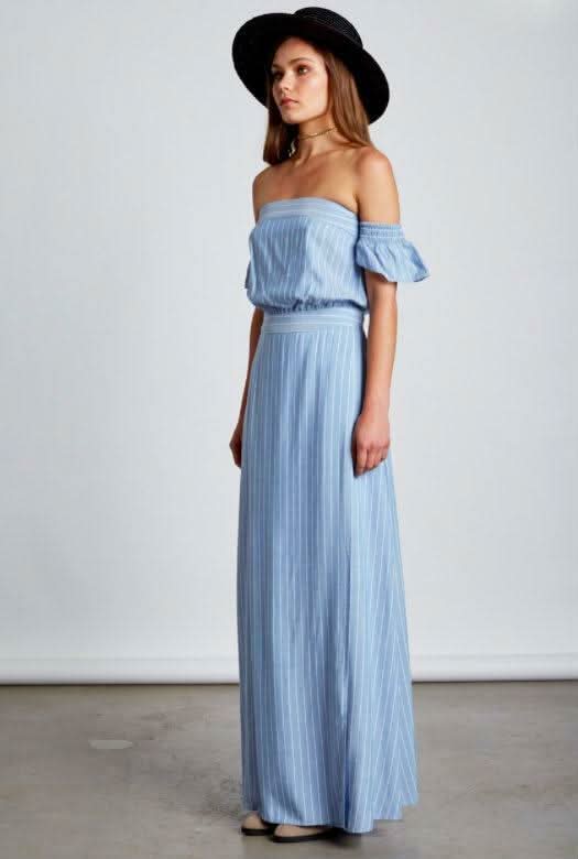 Chambray Light Blue Striped Maxi Dress