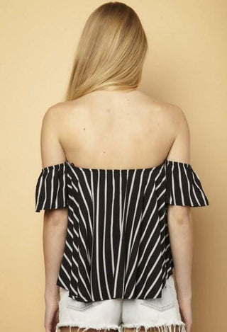Glamorous Black and White Striped Off-the-Shoulder Top - Back View