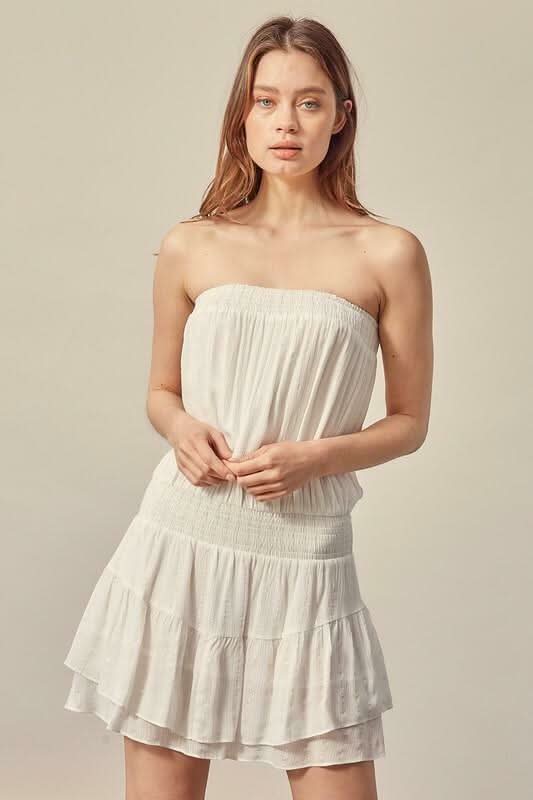 Mustard Seed Take My Heart White Strapless Tube Ruffle Mini Dress - Size L - Lightweight Lurex Striped Fabric - Smocked Waist - Ruffle Overlay Skirt Mustard Seed Take My Heart White Strapless Tube Ruffle Mini Dress - Size L - Lightweight Lurex Striped Fabric - Smocked Waist - Ruffle Overlay Skirt