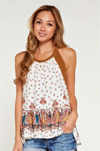 Ivory floral print crochet halter top - Erica bohemian halter neck blouse by Lovestitch
