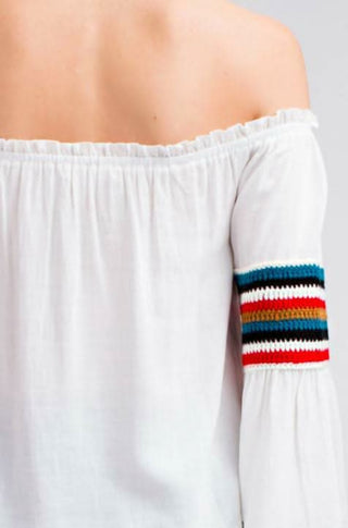 Closeup View Cute White Off-the-Shoulder Crochet Sleeve Top