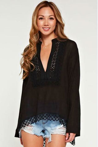 Women's black bell sleeve blouse with lace trim detail - bohemian fashion top