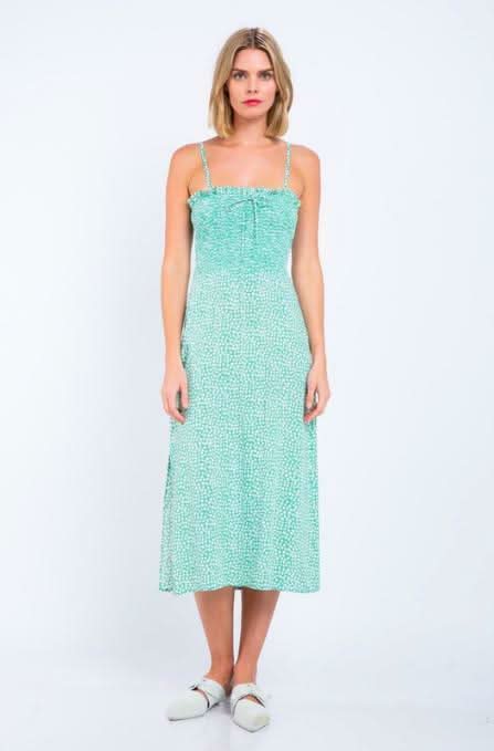 Skylar + Madison Jessica Spring Green and White Print Midi Dress - Size S - Smocked High Waist - Square Neckline - Rayon - Hand Wash Cold Skylar + Madison Jessica Spring Green and White Print Midi Dress - Size S - Smocked High Waist - Square Neckline - Rayon - Hand Wash Cold