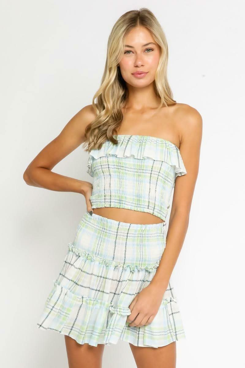 Olivaceous Take Me With You Green Plaid Two-Piece Dress Set - Size M - Ruffle Tube Top & Tiered Mini Skirt - Rayon - Machine Wash Cold Olivaceous Take Me With You Green Plaid Two-Piece Dress Set - Size M - Ruffle Tube Top & Tiered Mini Skirt - Rayon - Machine Wash Cold