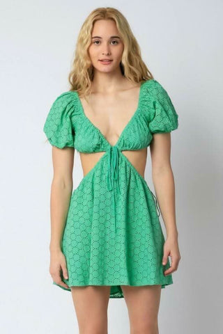 green eyelet puff sleeve mini dress with cutout waist